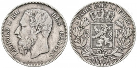 BÉLGICA. 5 Francos (Ar. 24.78g /37mm). 1869. Leopoldo II. (Km# 24). MBC.