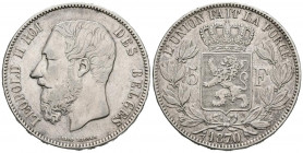 BÉLGICA. 5 Francos (Ar. 24.75g /37mm). 1870. Leopoldo II. (Km# 24). MBC.