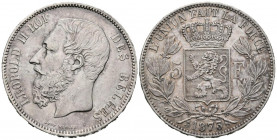 BELGICA, Leopoldo II. 5 Francs. (Ar. 24,87g/37mm). 1873. Bruselas. (Km#24). EBC-.