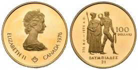 CANADA. 100 Dollars (Au. 16,85g/25mm). 1976. Juegos Olímpico de Montreal. (Km#116). Proof. Extraordinaria conservación.