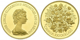 CANADA. 100 Dollars (Au. 16,95g/27mm). 1977. 25 Aniversario del Reinado de Isabel II. (Km#119). Proof. Extraordinaria conservación.