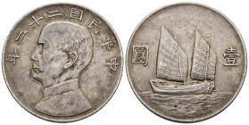 CHINA. 1 Dollar (Ar. 26,76g/39mm). 1933 (Año 22). Sun Yat Sen. (Km#345). MBC+.