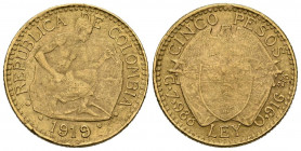 COLOMBIA. 5 Pesos. (Au. 7,95g/22mm). 1919. (Km#201.1). MBC-.