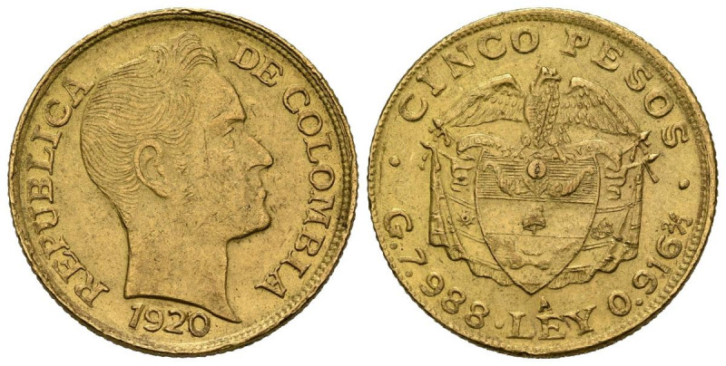 COLOMBIA. 5 Pesos. (Au. 8,03g/22mm). 1920. Medellín A. (Km#201.1). MBC+.