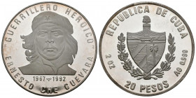 CUBA. 20 Pesos (Ar. 62,27g/45mm). 1992. 25 Aniversario de la Muerte de Ernesto Che Guevara (1967-1992). (Km#532). Proof.