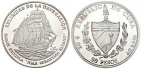 CUBA. 50 Pesos (Ar. 155,50g/65mm). 2000. Reliquias de la Navegación. Buque Escuela Juan Sebastián Elcano. (Km no cita). PROOF. Plata de 0.999.