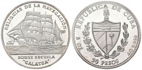 CUBA. 50 Pesos (Ar. 155,50g/65mm). 2000. Reliquias de la Navegación. Buque Escuela Galatea. (Km no cita). PROOF. Plata de 0.999.