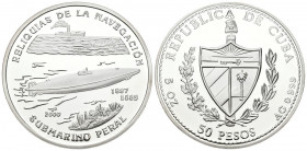 CUBA. 50 Pesos (Ar. 155,50g/65mm). 2000. Reliquias de la Navegación. Submarino Peral. (Km no cita). PROOF. Plata de 0.999.