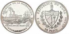 CUBA. 50 Pesos (Ar. 155,50g/65mm). 2000. Reliquias de la Navegación. Ambulancia Marítima Buenaventura. (Km no cita). PROOF. Plata de 0.999.