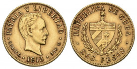 CUBA. 2 Pesos. (Au. 3,34g/16mm). 1916. (Km#17). MBC+/MBC.