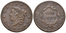 ESTADOS UNIDOS. 1 Large Cents (Ae. 10,71g/28mm). 1816. Philadelphia. (Km#45). MBC. Primer año de acuñación. Escasa.