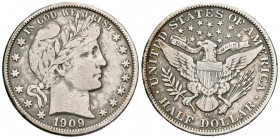 ESTADOS UNIDOS. 1/2 Dollar (Ar. 12,33g/30mm). 1909. Nueva Orleans. O. Tipo Barber. (Km#116). BC+. Escasa.