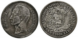 ESTADOS UNIDOS DE VENEZUELA. 1 Bolívar. (Ar. 4,84g/23mm). 1926. Philadelphia. (Km#Y22). MBC. Bonita pátina.