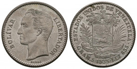 ESTADOS UNIDOS DE VENEZUELA. 1 Bolívar (Ar. 5,00g/28mm). 1935. Philadelphia. (Km#Y22). EBC-.