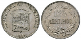 REPÚBLICA DE VENEZUELA. 12 1/2. Céntimos. (CuNi. 5,00g/23mm). 1958. Philadelphia. (Km#Y39). Encapsulado PCGS MS-64.