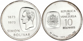 VENEZUELA. 10 Bolívares. (Ar. 30,25g/39mm). 1973. Centenario de la efigie de Simón Bolívar en la moneda (1873-1973). (Km#45). EBC+.