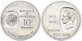 VENEZUELA. 10 Bolívares. (Ar. 30,43g/39mm). 1973. Centenario de la efigie de Simón Bolívar en la moneda (1873-1973). (Km#45). EBC+.