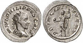 RÖMISCHE MÜNZEN. RÖMISCHE KAISERZEIT. Philippus II., 247 - 249. 
Antoninian. Rev. Stehender Princeps Iuventutis.
RIC 218d; C. 57 4,30 g vz