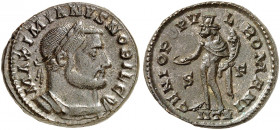 RÖMISCHE MÜNZEN. RÖMISCHE KAISERZEIT. Galerius Maximianus Caesar, 293 - 311. 
Follis, Trier. Rev. Stehender Genius.
RIC 530b 11,34 g dunkle Patina, ...