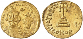 BYZANTINISCHE MÜNZEN. Constans II., 641 - 668. 
Solidus. Büsten von Constans II. und Constantinus IV. / Stufenkreuz.
S. 959 Gold 4,37 ss