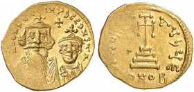 BYZANTINISCHE MÜNZEN. Constans II., 641 - 668. 
Ein viertes Exemplar.
Gold 4,30 g ss