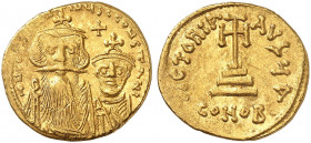 BYZANTINISCHE MÜNZEN. Constans II., 641 - 668. 
Ein fünftes Exemplar.
Gold 4,41 g ss