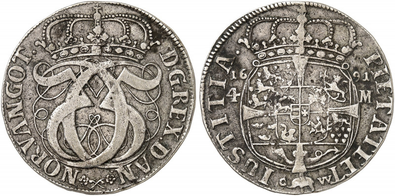 EUROPA. DÄNEMARK. Christian V., 1670-1699. 
Krone / 4 Mark 1691.
Dav. 3642, He...