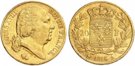 EUROPA. FRANKREICH. Louis XVIII., Second Gouvernement Royal, 1815-1824. 
20 Francs au buste nu 1818, A - Paris.
Friedb. 538, Gad. 1028, Schlumb. 137...