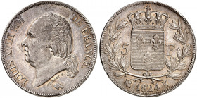 EUROPA. FRANKREICH. Louis XVIII., Second Gouvernement Royal, 1815-1824. 
5 Francs au buste nu 1824, W - Lille.
Dav. 87, Gad. 614 kl. Rdf., min. just...