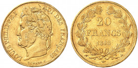EUROPA. FRANKREICH. Louis Philippe I., 1830-1848. 
20 Francs à la tête laurée 1848, A - Paris.
Friedb. 560, Gad. 1031, Schlumb. 227 Gold kl. Rdf., K...