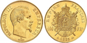 EUROPA. FRANKREICH. Napoléon III., 1852-1870. 
100 Francs à la tête nue 1855, A - Paris.
Friedb. 569, Gad. 1135, Schlumb. 258 Gold kl. Rdf., vz