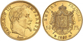 EUROPA. FRANKREICH. Napoléon III., 1852-1870. 
50 Francs à la tête laurée 1863, BB - Strasbourg.
Friedb. 582, Gad. 1112, Schlumb. 342 Gold min. Rdf....