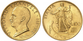 EUROPA. ITALIEN. Königreich. Victor Emanuel III., 1900-1946. 
100 Lire 1931 (IX), Rom.
Friedb. 33, Pagani 646, Schlumb. 108 Gold vz - St