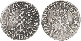 BÖHMEN. Stände von Böhmen und Mähren, 1619-1620. 
Kipper-12 Kreuzer 1620, Olmütz.
Her. 22 l. Prägeschwäche, ss