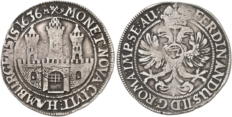 HAMBURG. Stadt. 
Taler zu 32 Schilling 1636, mit Titel Ferdinand II.
Dav. 5365...
