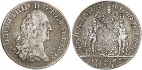 POMMERN. unter schwedischer Besetzung. Adolph Friedrich von Schweden, 1751-1771. 
2/3 Taler 1763, Stralsund.
Dav. 772, A.A.J. 240a Sfr., ss