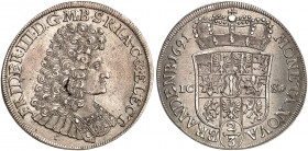 PREUSSEN. Friedrich III. (I.), 1688-1713. 
2/3 Taler 1691, Magdeburg.
Dav. 273, v. Schr. 168 kl. Sfr., ss - vz