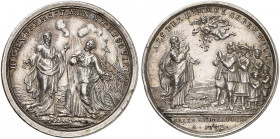 PREUSSEN. Friedrich Wilhelm I., 1713-1740. 
Silbermedaille 1732 (unsigniert, 32,2 mm), auf die Aufnahme Salzburger Emigranten. Christus und Apostel v...