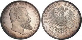 WÜRTTEMBERG. Wilhelm II., 1891-1918. J. 176, EPA 5/60. 
5 Mark 1895.
Prachtexemplar !
schöne Patina, winz. Kr., St