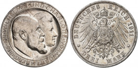 WÜRTTEMBERG. Wilhelm II., 1891-1918. J. 177a, EPA 3/36. 
3 Mark 1911, zur Silberhochzeit mit Charlotte.
f. St