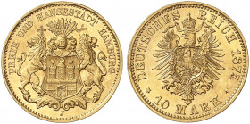 HAMBURG. J. 209, EPA 10/15. 
10 Mark 1875.
Sammlerzeichen
über den Löwenköpfen, sonst f. St