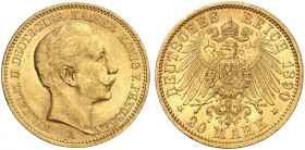 PREUSSEN. Wilhelm II., 1888-1918. J. 252, EPA 20/35. 
20 Mark 1890.
winz. Kr., f. St