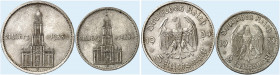 J. 355, 356, EPA 2/77, 5/72. 
Lot von 2 Stück:
2, 5 RM 1934 D, Garnisonkirche Potsdam mit Datum.
kl. Kr., f. St
