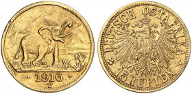 DEUTSCH - NEU - GUINEA. J. N 728a, EPA DOA 30. 
15 Rupien 1916 T, Tabora.
Gold, Prachtexemplar !
f. St