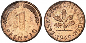 Bank Deutscher Länder. J. 376. 
1 Pfennig 1949F, EPA 6.
schöne Kupferpatina, PP