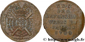 FLANDERS - SIEGE OF LILLE
Type : Vingt sols, monnaie obsidionale 
Date : 1708 
Mint name / Town : Lille 
Quantity minted : 110000 
Metal : copper 
Dia...