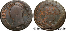 DIRECTOIRE
Type : Cinq centimes Dupré, grand module, "refrappage" du décime 
Date : An 5 (1796-1797) 
Mint name / Town : Lyon 
Quantity minted : 27422...