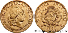 ARGENTINA
Type : 1 Argentino 
Date : 1886 
Quantity minted : 398000 
Metal : gold 
Millesimal fineness : 900  ‰
Diameter : 22  mm
Orientation dies : 6...