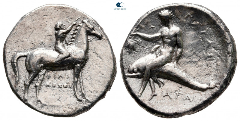 Calabria. Tarentum circa 302-280 BC. 
Nomos AR

22 mm, 7,36 g



very fin...