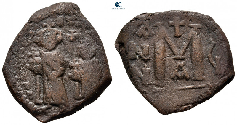 Heraclius with Heraclius Constantine AD 610-641. Constantinople
Follis or 40 Nu...